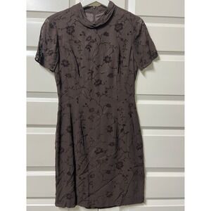 Siri Floral Sheer Mock Neck Glitter Velvet Dress in Chocolate‎ Brown